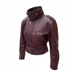Womens Short Leather Jacket With Lacing