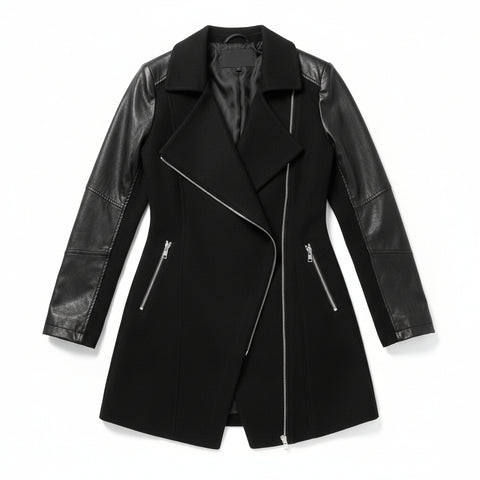 Stitched fur sleeve woolen coat trench coat