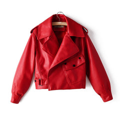 Short washed leather jacket with pockets