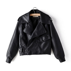 Short washed leather jacket with pockets