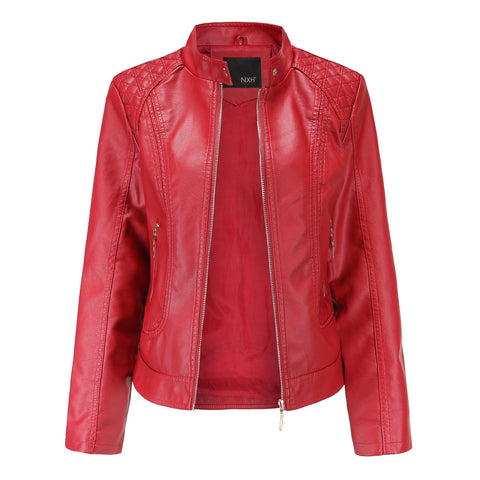 Women's stand collar PU leather jacket
