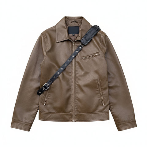 Retro Coffee Color Short Leather Jacket