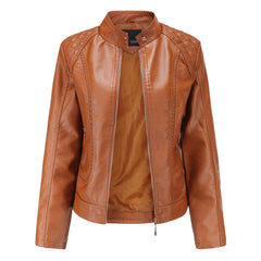 Women's stand collar PU leather jacket
