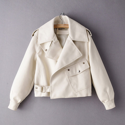 Short washed leather jacket with pockets