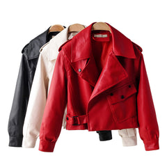 Short washed leather jacket with pockets