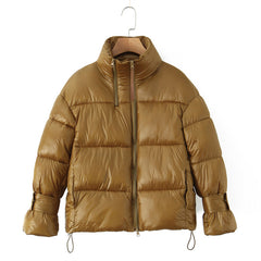 Golden Stand-up Collar Puffer Coat For Women