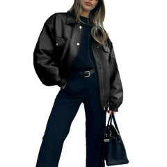 Women's Leather Jacket Loose Long Sleeve