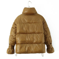 Golden Stand-up Collar Puffer Coat For Women