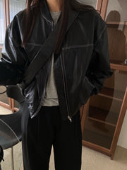 Loose Long Sleeve Leather Jacket for Women