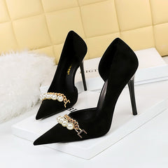 Pointed-toe Pearl-embellished Metallic Chain Pumps