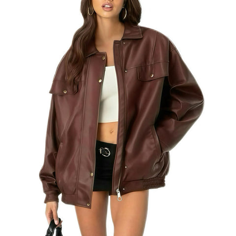 Women's Leather Jacket Loose Long Sleeve