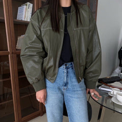 Loose Long Sleeve Leather Jacket for Women