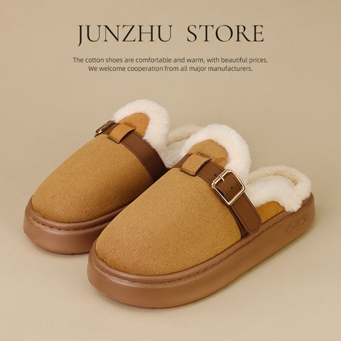Womens AutumnWinter Indoor Plush Thick-Soled Warm Anti-Slip Cotton Slippers
