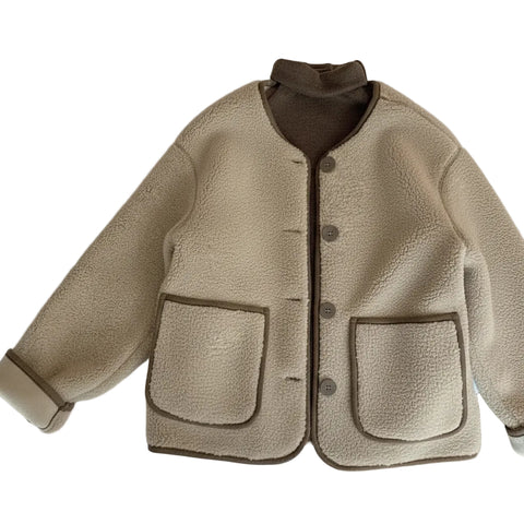 Khaki Round Neck Lamb Wool Coat For Women