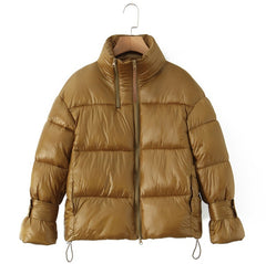 Golden Stand-up Collar Puffer Coat For Women